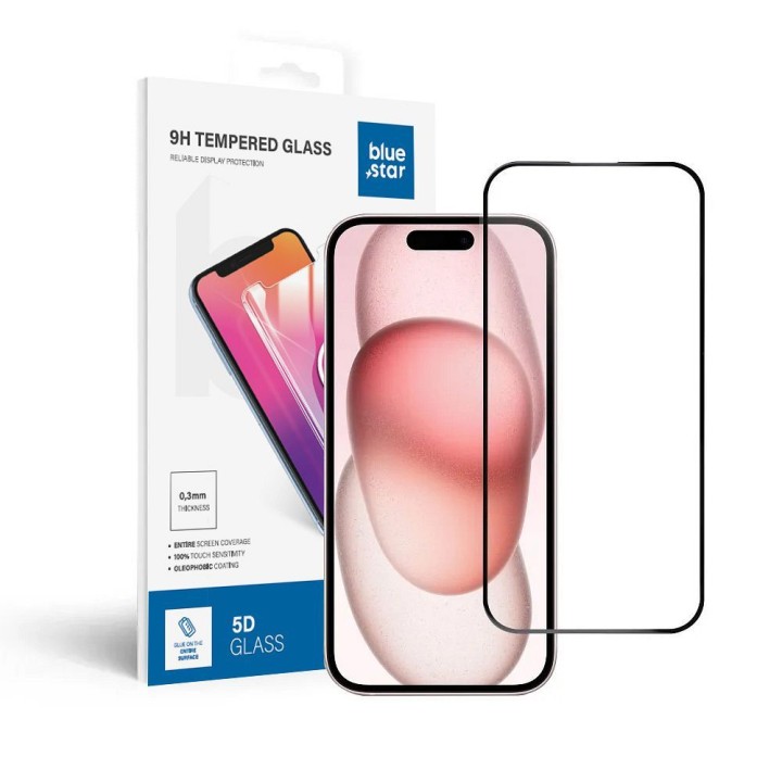 Szkło hartowane 5D Full Glue do iPhone 15 / 16 Blue Star czarne