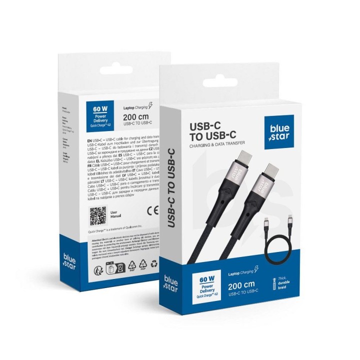 Кабель USB-C – USB-C Blue Star 3A 60W PD QC4.0 в оплетке 2 m TFK-DC-004 черный