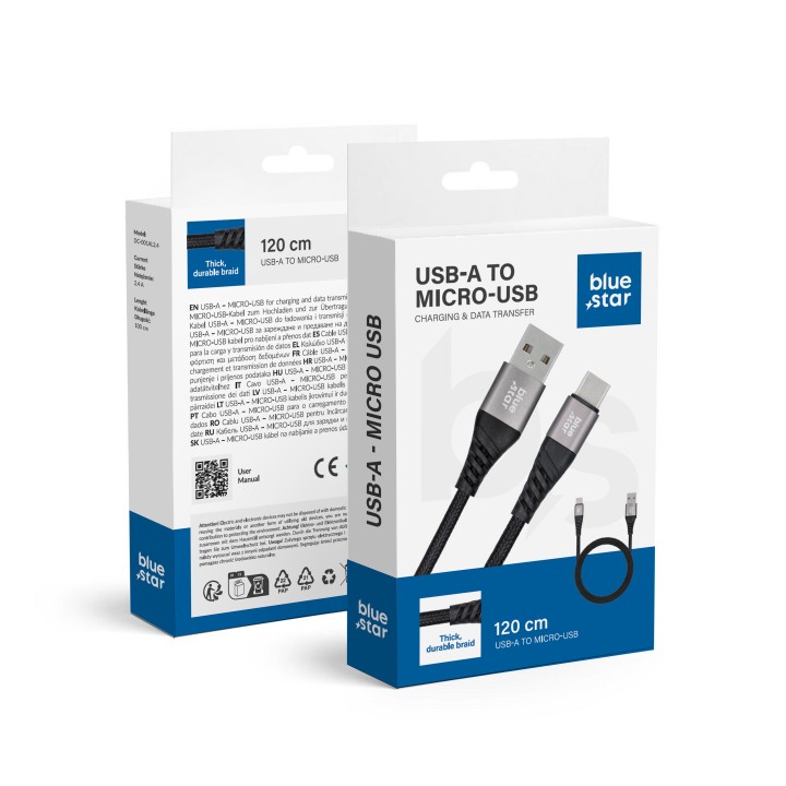 Кабель USB A для Micro USB Blue Star 2A в оплетке 1,2 m TFK-DC-003 черный