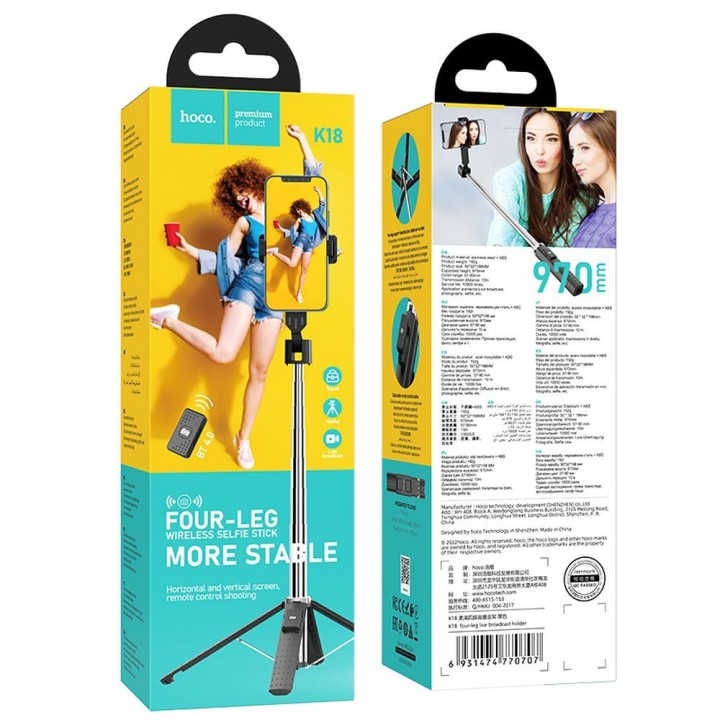 Selfie stick Hoco four-legged stand with wireless remote control K18 black