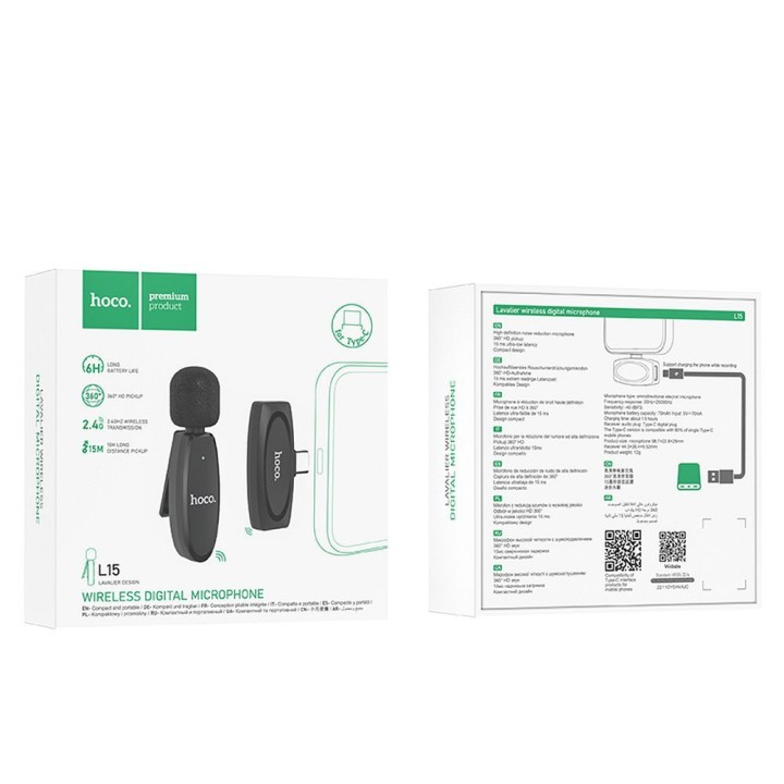 Wireless lavalier microphone USB C Hoco L15 black