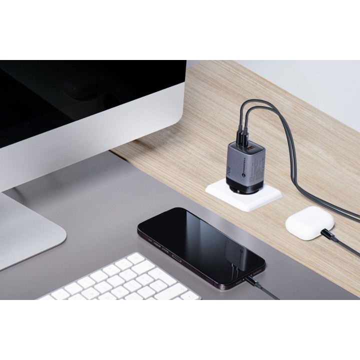 Сетевое зарядное устройство для телефона Forcell F-Energy GaN III 2 x USB C + USB A QC4.0 3,45A PD 70W SAM SFC2.0 с LCD-дисплеем