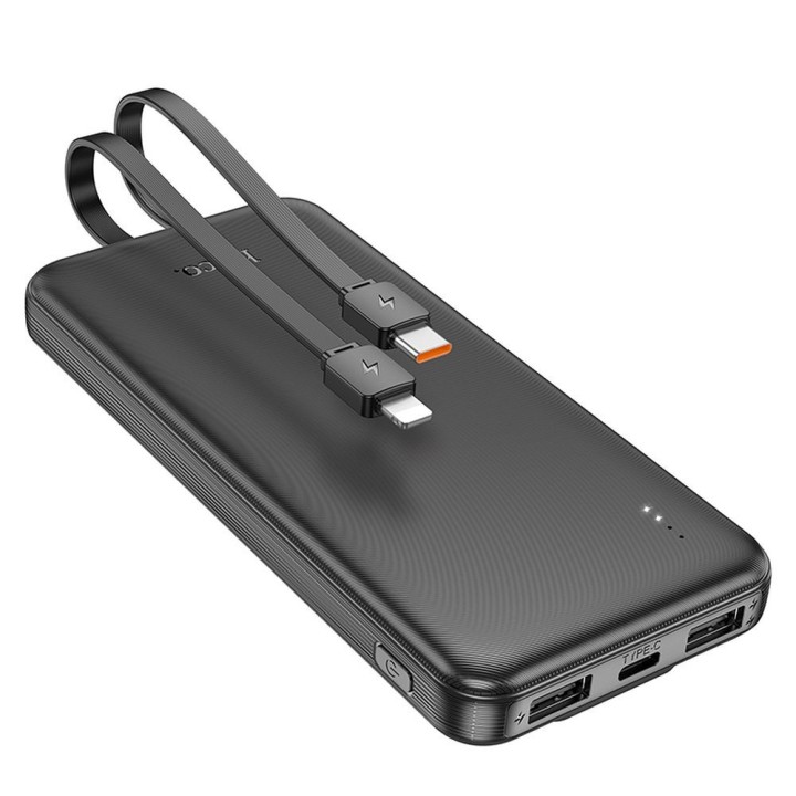 Power bank Hoco 10000 mAh 2A with built-in cables USB C + Lightning J118 black