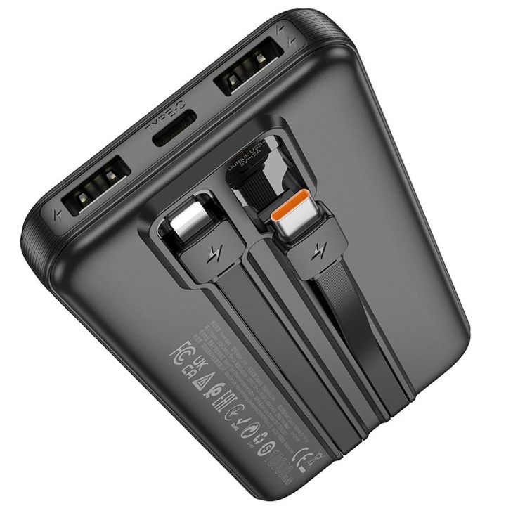 Power bank Hoco 10000 mAh 2A with built-in cables USB C + Lightning J118 black