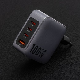 Мережевий зарядний пристрій для телефону Forcell F-Energy GaN 3 x USB C + USB A QC4.0 PD 5A 100W VT-46 сірий
