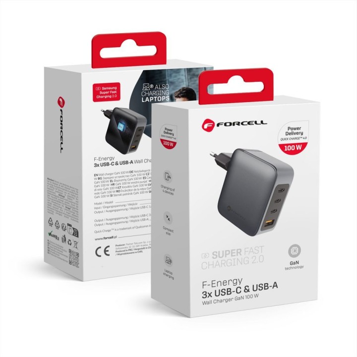 Сетевое зарядное устройство для телефона Forcell F-Energy GaN 3 x USB C + USB A QC4.0 PD 5A 100W VT-46 серое
