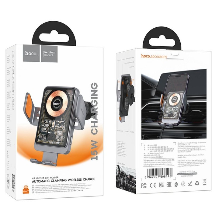 Wireless car phone holder Hoco 15 W for the air vent HW7 grey