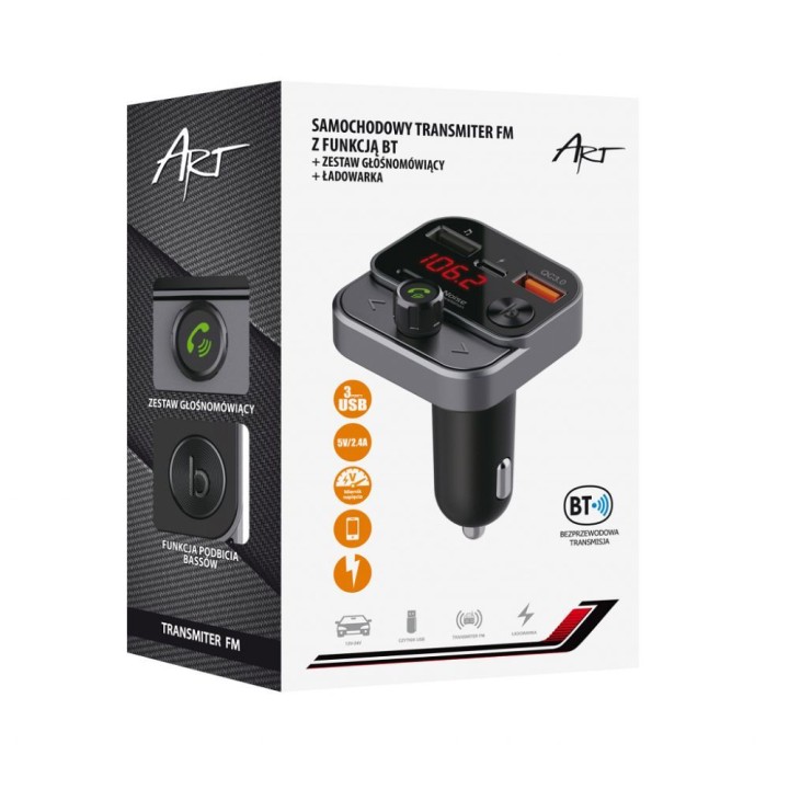 ART transmiter FM bluetooth 5.0 + USB A QC3.0 + Typ C (total 30W) FM-84B czarny