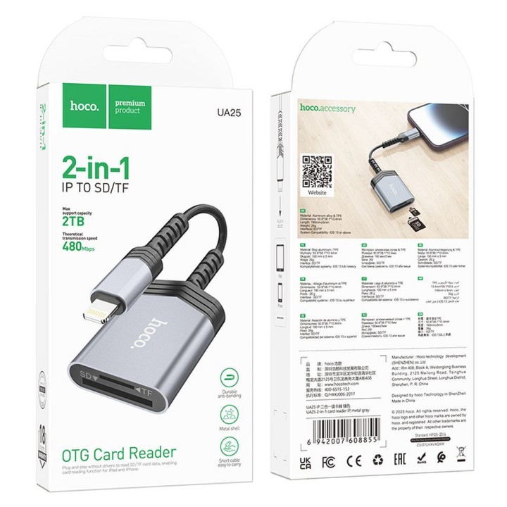 Card reader SD / TF Hoco Lightning UA25 grey