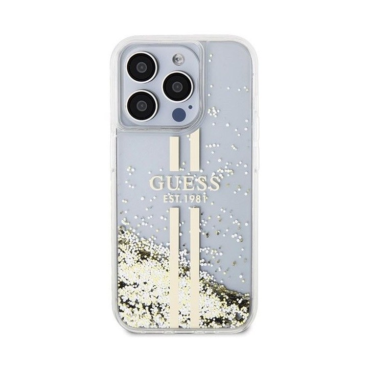 GUESS case for IPHONE 15 Pro GUHCP15LLFCSEGT (Liquid Glitter Gold Stripes) transparent