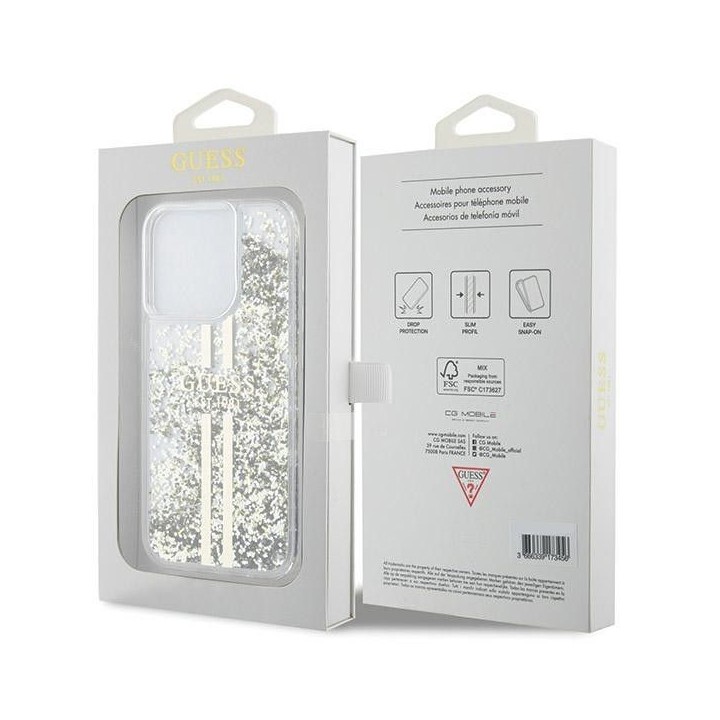 GUESS case for IPHONE 15 Pro GUHCP15LLFCSEGT (Liquid Glitter Gold Stripes) transparent