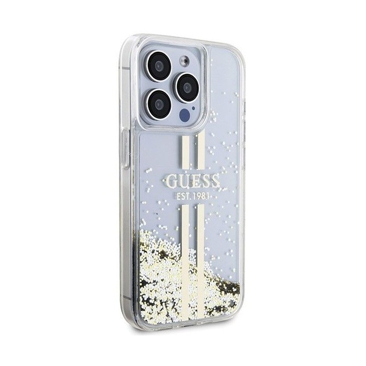GUESS чохол для IPHONE 15 Pro GUHCP15LLFCSEGT (Liquid Glitter Gold Stripes) прозорий