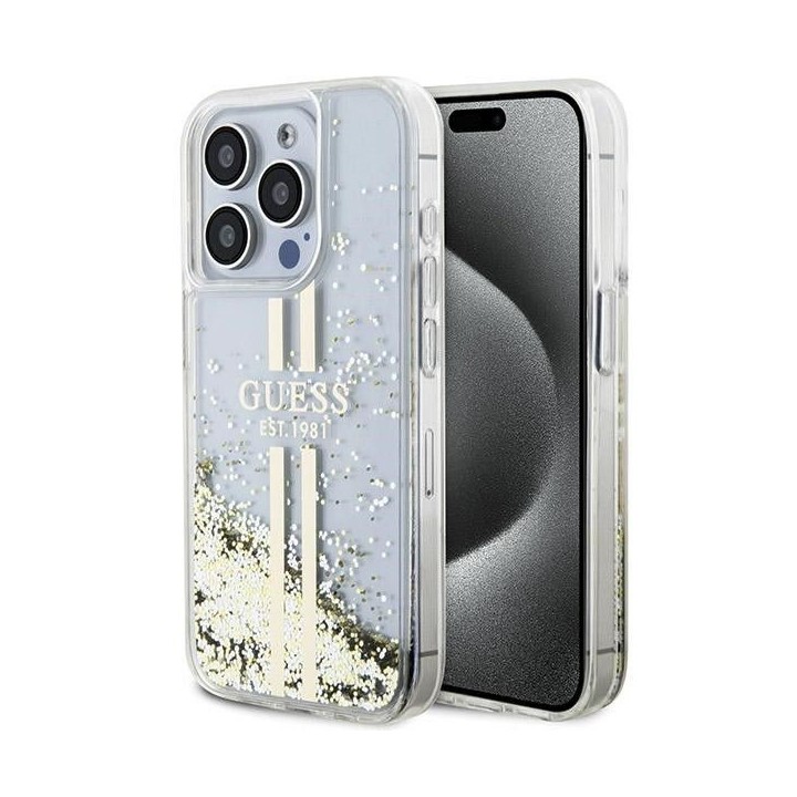 GUESS чохол для IPHONE 15 Pro GUHCP15LLFCSEGT (Liquid Glitter Gold Stripes) прозорий