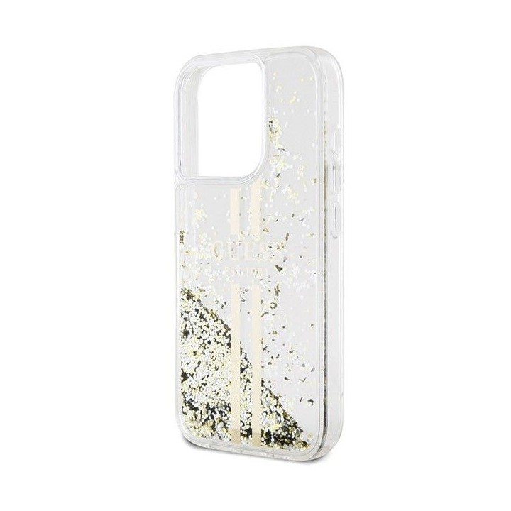 GUESS case for IPHONE 15 Pro GUHCP15LLFCSEGT (Liquid Glitter Gold Stripes) transparent