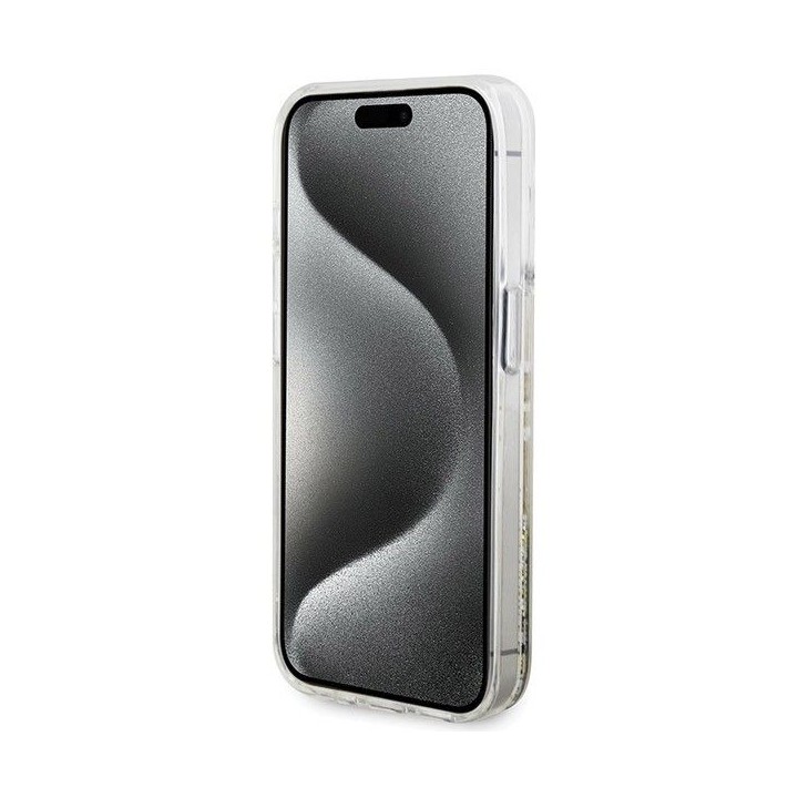 GUESS чохол для IPHONE 15 Pro GUHCP15LLFCSEGT (Liquid Glitter Gold Stripes) прозорий
