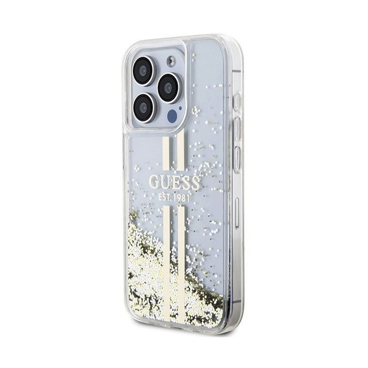 GUESS case for IPHONE 15 Pro GUHCP15LLFCSEGT (Liquid Glitter Gold Stripes) transparent