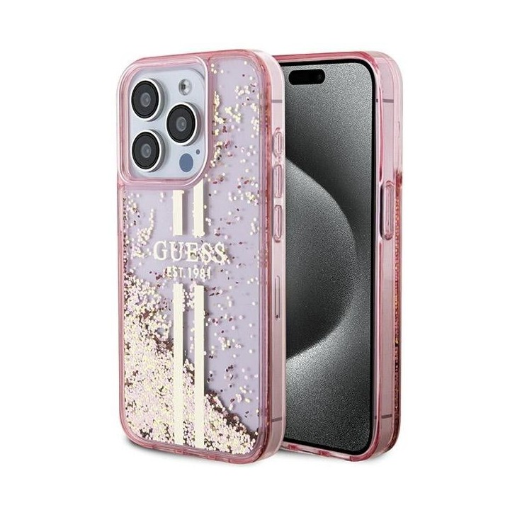 GUESS чохол для IPHONE 15 Pro GUHCP15LLFCSEGP (Liquid Glitter Gold Stripes) рожевий