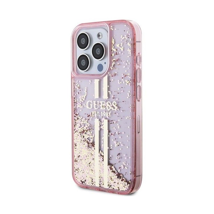 GUESS case for IPHONE 15 Pro GUHCP15LLFCSEGP (Liquid Glitter Gold Stripes) pink