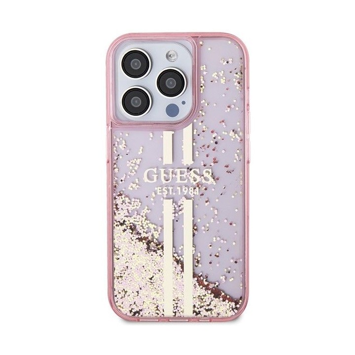 GUESS чохол для IPHONE 15 Pro GUHCP15LLFCSEGP (Liquid Glitter Gold Stripes) рожевий
