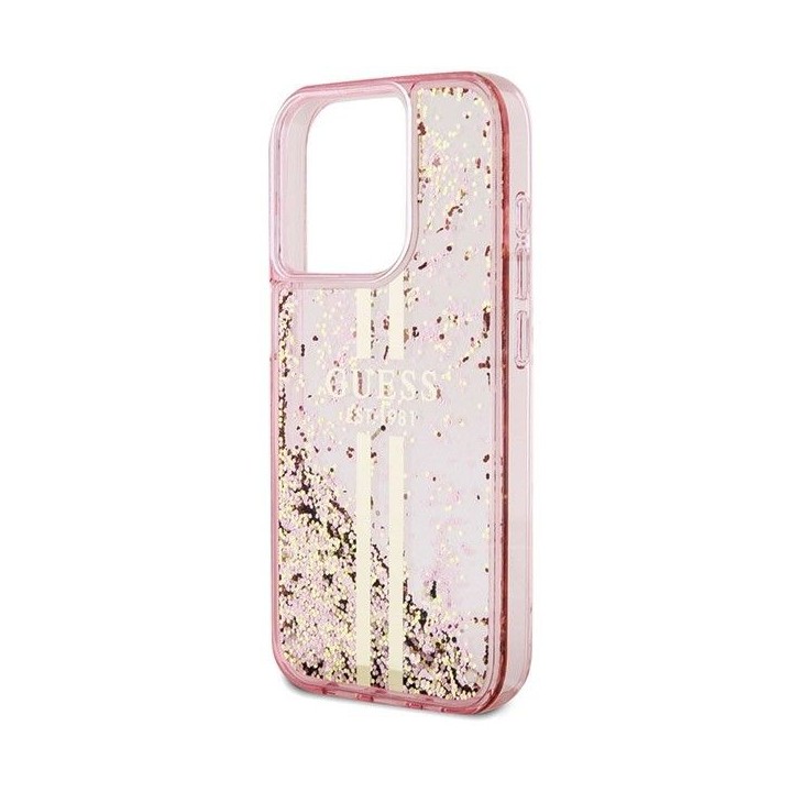 GUESS case for IPHONE 15 Pro GUHCP15LLFCSEGP (Liquid Glitter Gold Stripes) pink