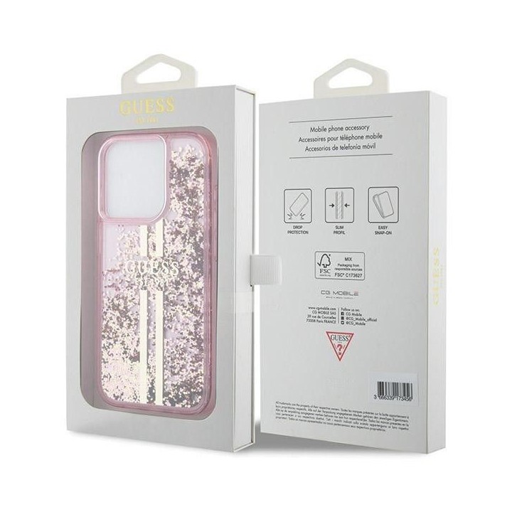 GUESS чехол для IPHONE 15 Pro GUHCP15LLFCSEGP (Liquid Glitter Gold Stripes) розовый