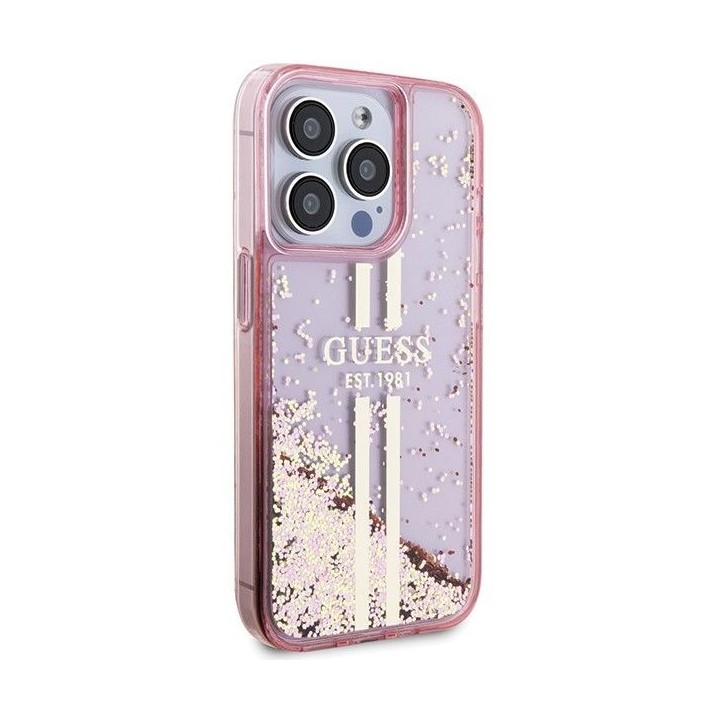 GUESS чехол для IPHONE 15 Pro GUHCP15LLFCSEGP (Liquid Glitter Gold Stripes) розовый