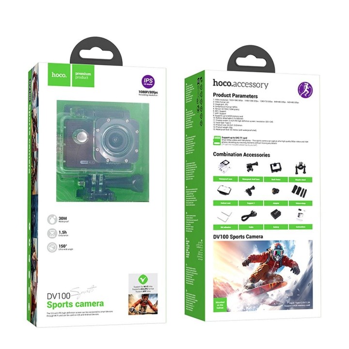 Sports camera Hoco with display 2" 1080P/30fps DV100 black