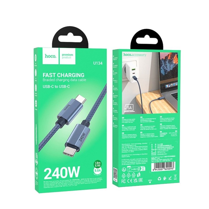 Кабель USB-C – USB-C Hoco QC3.0 PD 5A 240W 1,8 m U134 темний синій