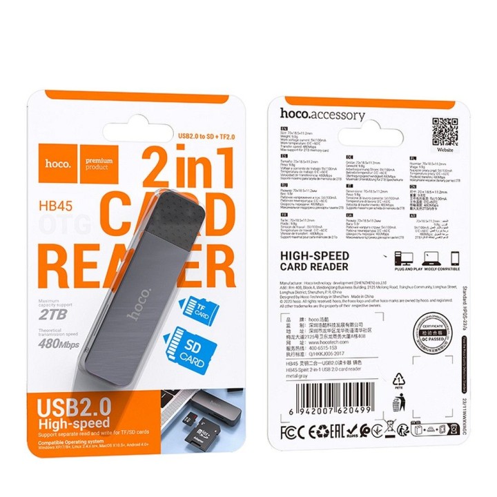 Card reader SD / TF Hoco USB A 2.0 HB45 grey