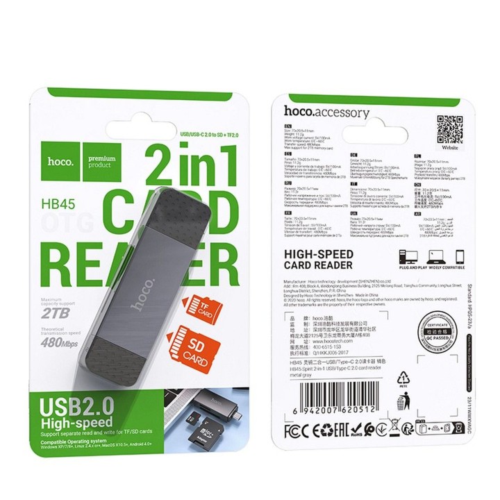 Card reader SD / TF Hoco USB A / USB C 2.0 HB45 grey