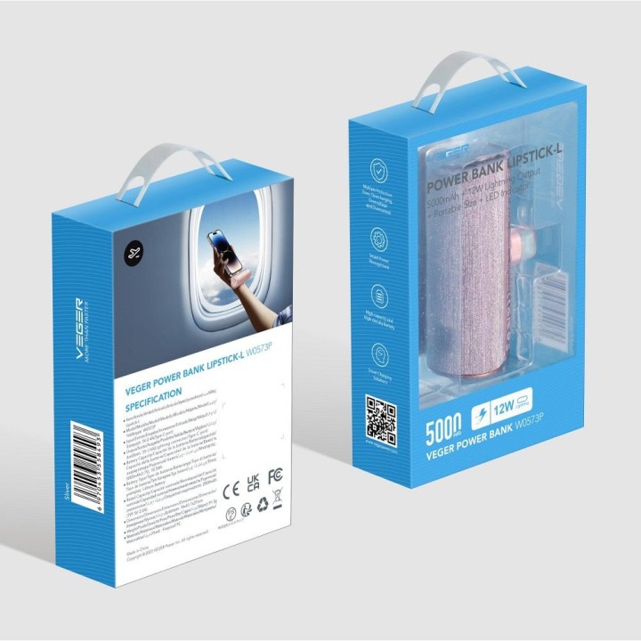 Повербанк Veger PlugOn (W0573P) PD QC3.0 2,4A 12W 5000 mAh со встроенным разъемом Lightning розовый