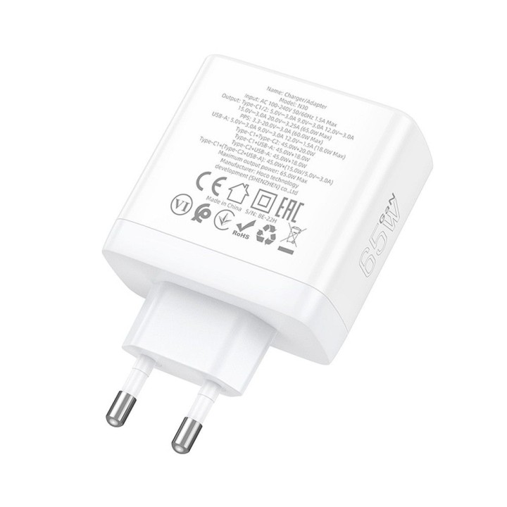 Wall charger for phone Hoco 2 x USB C + USB A GaN QC PD 65W N30 white