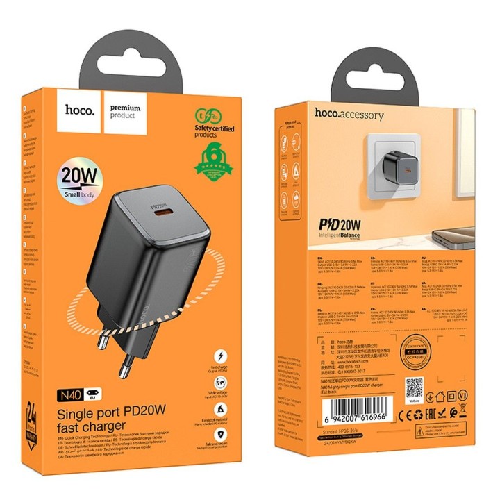 Wall charger for phone Hoco USB C QC PD 20W N40 black