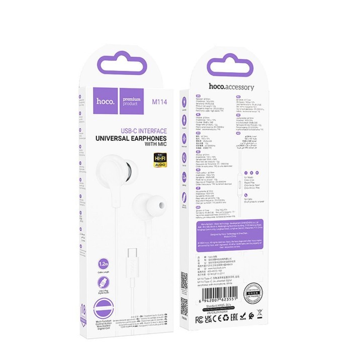 Wired in-ear headphones USB C Hoco M114 white
