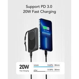 Powerbank zgodny z MagSafe Veger MagOn (VP1151 / W1151) PD QC3.0 2A 20W 10000 mAh z ładowaniem indukcyjnym czarny 0INT