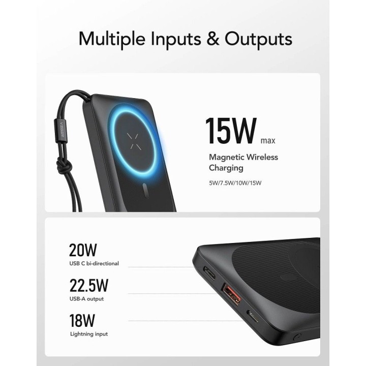 Powerbank zgodny z MagSafe Veger MagOn (VP1151 / W1151) PD QC3.0 2A 20W 10000 mAh z ładowaniem indukcyjnym czarny 0INT