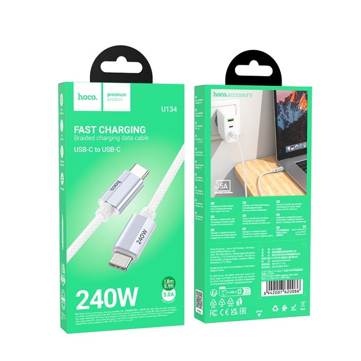 USB-C to USB-C cable Hoco QC3.0 PD 5A 240W 1,8 m U134 grey