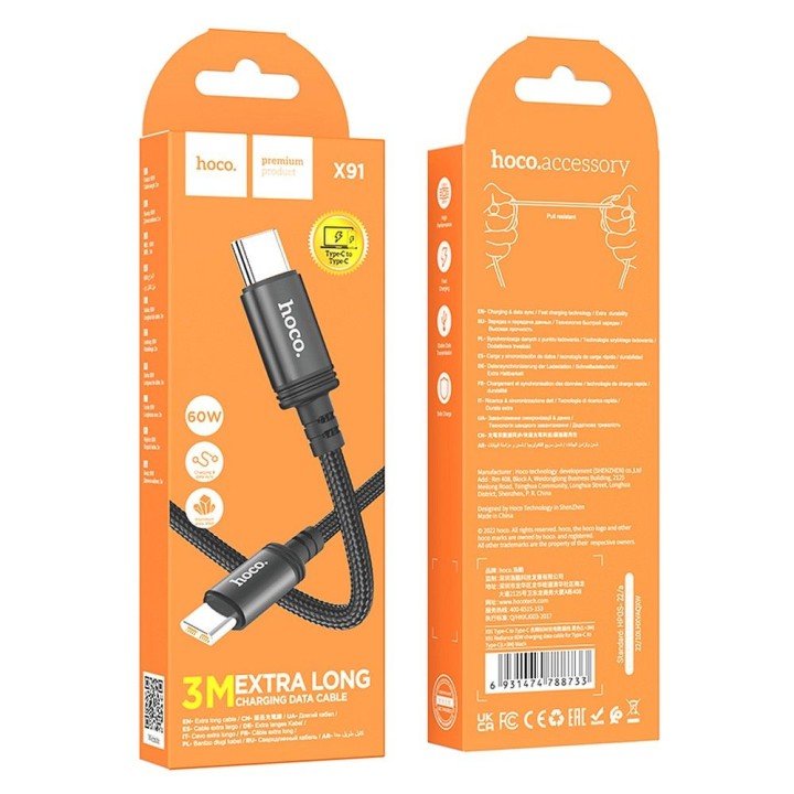 Kabel USB C do USB C Hoco PD 3A 60W 3 m X91 czarny