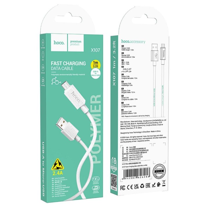 Kabel USB A do Micro USB Hoco 2,4A 1 m X107 biały