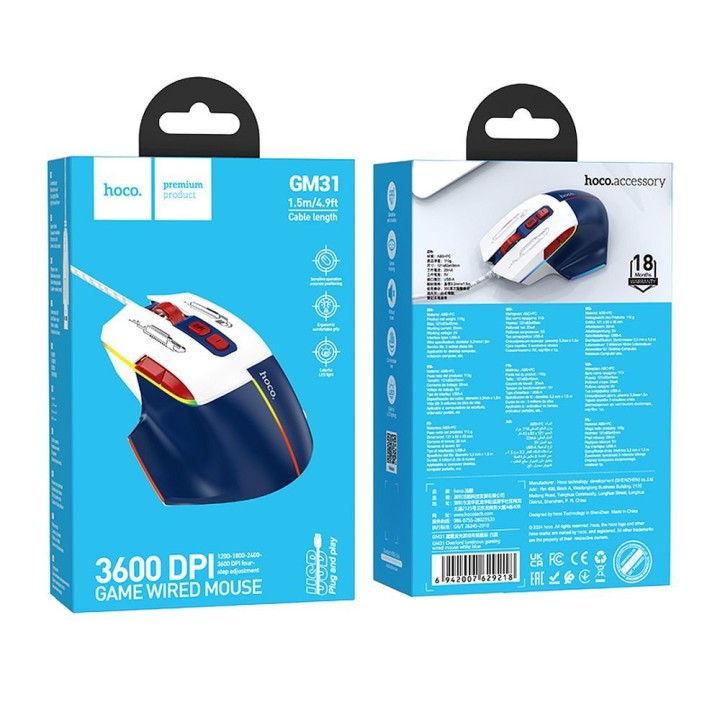 Wired gaming mouse Hoco USB A 3600 dpi GM31 white-blue