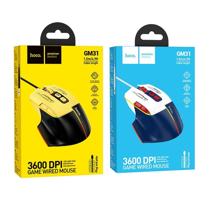 Wired gaming mouse Hoco USB A 3600 dpi GM31 white-blue