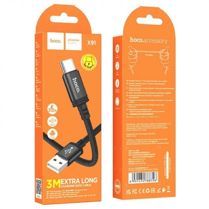Кабель USB-A – USB-C Hoco 3A 3 m X91 чорний