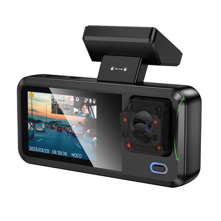 Kamera samochodowa z wyświetlaczem 2" 720p/30fps + kamera wewnętrzna 480p/30fps + kamera tylna 480p/30fps Hoco DV15 czarna