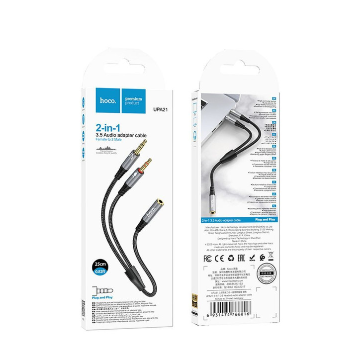 Kabel AUX 2w1 Jack 3,5 mm (żeński) do 2 x Jack 3,5 mm (męski) Hoco 0,25 m UPA21 szary (SC)