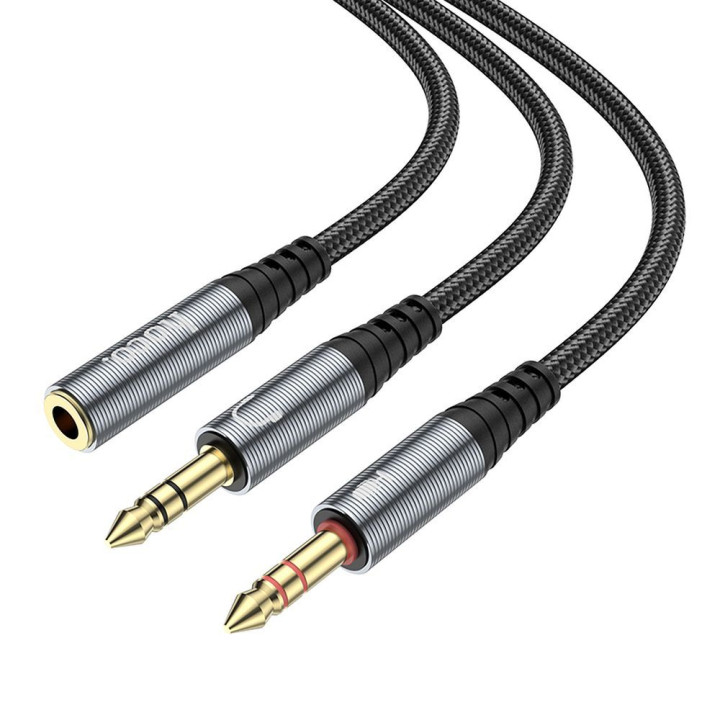 Кабель AUX 2 в 1 Jack 3,5 mm (гніздо) на 2 x Jack 3,5 mm (штекер) Hoco 0,25 m UPA21 сірий (SC)
