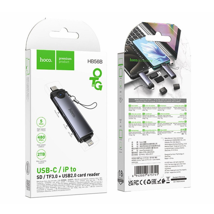 Card reader SD/TF 3.0 + USB 2.0 USB-C/Lightning Hoco HB56B grey