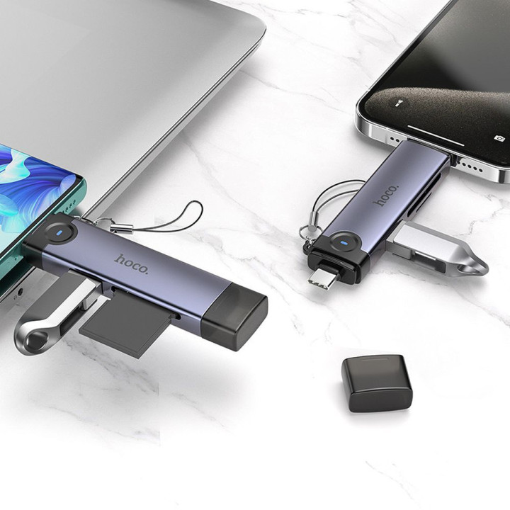 Card reader SD/TF 3.0 + USB 2.0 USB-C/Lightning Hoco HB56B grey