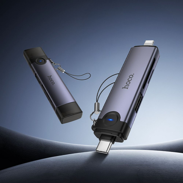 Кардридер SD/TF 3.0 + USB 2.0 USB-C/Lightning Hoco HB56B серый