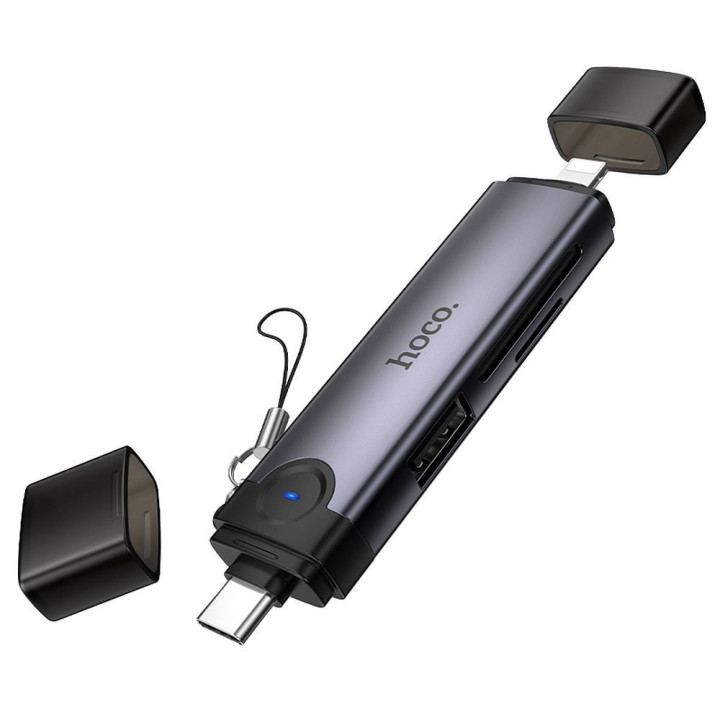 Card reader SD/TF 3.0 + USB 2.0 USB-C/Lightning Hoco HB56B grey