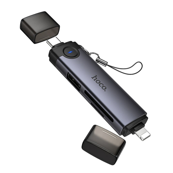 Кардрідер SD/TF 3.0 + USB 2.0 USB-C/Lightning Hoco HB56B сірий